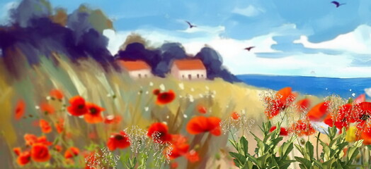 Fototapeta na wymiar wild field lavender and poppy flowers field on horizon woman walk,blue sunny sky and sea on horizon ,nature landscape impressionism paint oil fine art abstract banne,generated ai