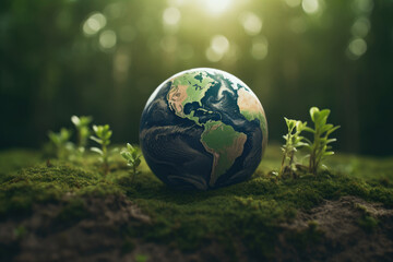 Obraz na płótnie Canvas Planet earth in green grass on a nature background, copy space. Earth day. World environment day. Environmental concept, Eco friendly and sustainable concept. Generative ai illustration