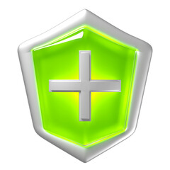 3d icon for health protection green shield with cross, bacteria protection, anti germ defence, health insurance, health protected metal shield symbol isolated. 3d render