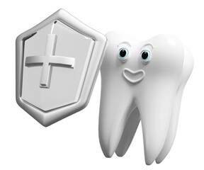 3d dental molar teeth model icon with transparent shield, cross  isolated. tooth decay prevention, health of white teeth, oral care, bacteria protection, 3d render illustration