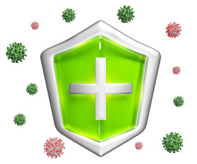 3d bacteria protection, icon for health protection green shield with cross, anti germ defence, health insurance, health protected metal shield symbol isolated. 3d render