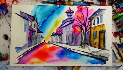 Beautiful  abstract watercolor painting street