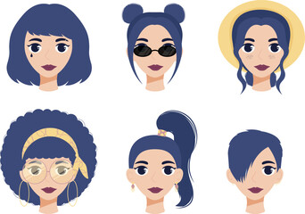 Women's avatar, set of women's illustrations with different hairstyles, isolated, on a white background