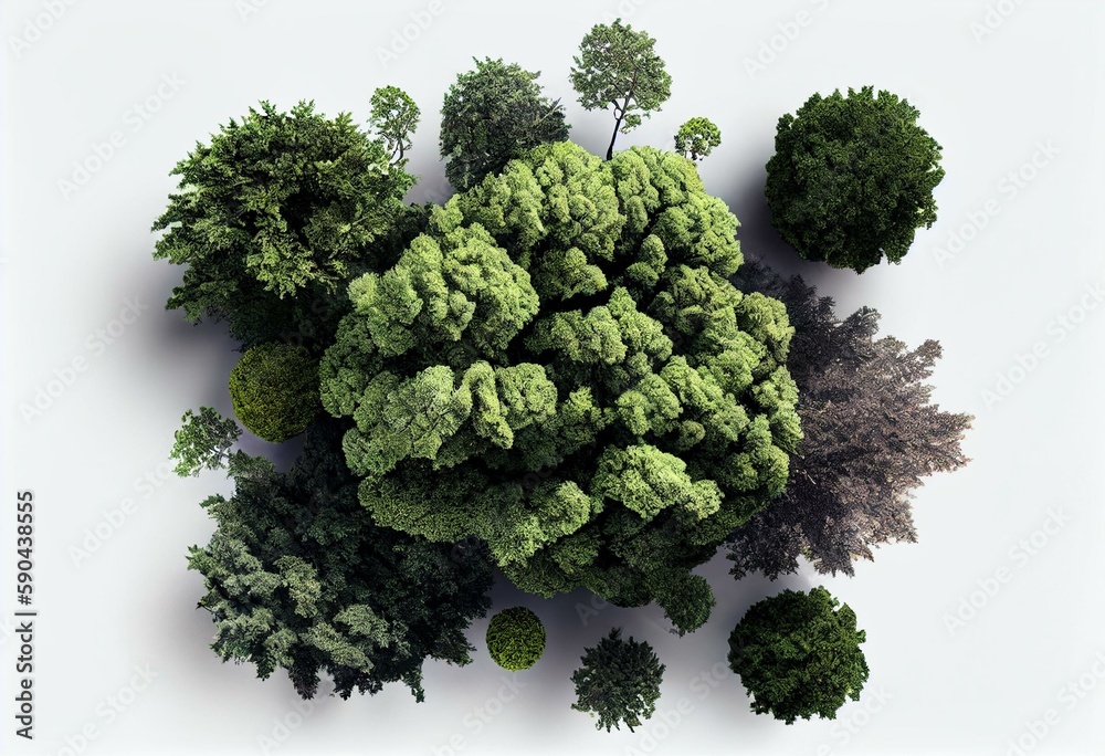 Wall mural group of trees, top view, isolate on a transparent background, 3d illustration. generative ai