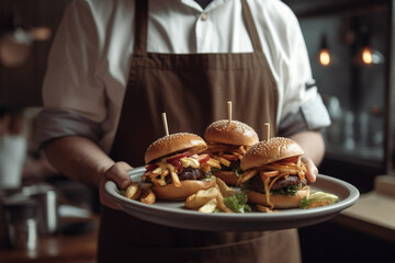 A waiter holds a plate of burger and fries at modern cafe. Generative AI