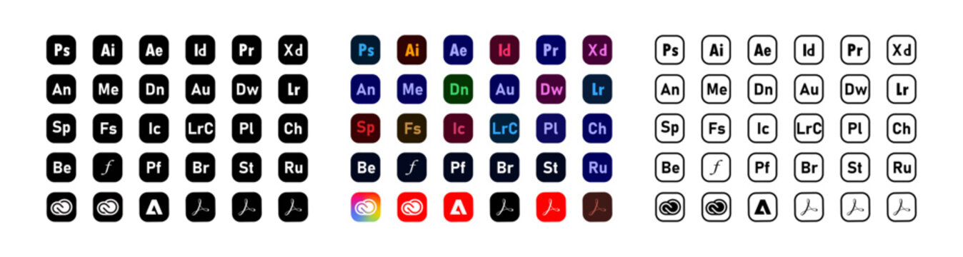 Applications from adobe - a set of logos of popular applications from adobe. Icons in different styles, colored. Vector. editorial illustration. Rivne, Ukraine - April 10, 2023