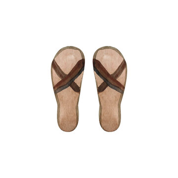 Vacation shoes, brown and lilac slates, beach flip-flops, watercolor illustration isolated on a white background