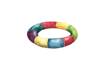 Children's striped inflatable circle for swimming pool. Watercolor illustration isolated on a white background