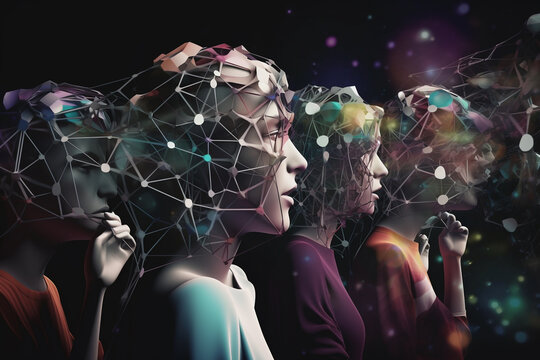 Social network people addiction issues in daily life. Colorful illustration of people silhouettes using smart phone and browsing in social media. Abstract and futuristic style. Generative AI