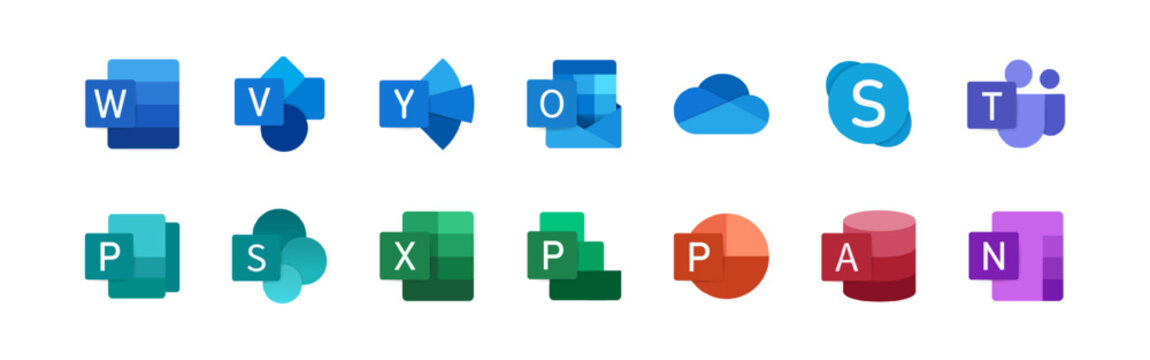Microsoft Office - popular office applications logos. Vector. editorial illustration. Rivne, Ukraine - April 10, 2023