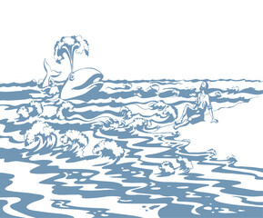 Obraz premium Vector drawing. A man on the shore after a shipwreck