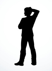 Vector drawing. A man stands making a choice