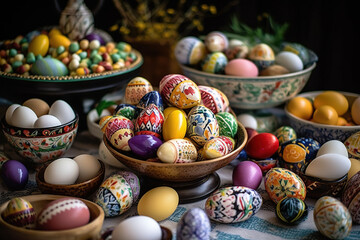 Easter Eggs, Various Colors and shapes, Greek Orthodox Easter, Table with Easter eggs. 