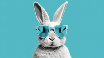 Fototapeta premium Abstract clip-art of White Rabbit wearing trendy sunglasses. Contemporary pastel blue background. Copy space. Easter minimalism. For Easter scrapbooking posters planners, web, landing page