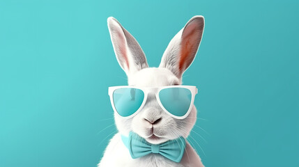 Fototapeta na wymiar Abstract clip-art of White Rabbit wearing trendy sunglasses. Contemporary pastel blue background. Copy space. Easter minimalism. For Easter scrapbooking posters planners, web, landing page