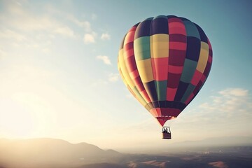 Colorful Hot Air Balloons in Blue Sky Horizon. Copy Space Background