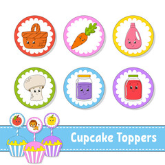 Fototapeta premium Cupcake Toppers. Set of six round pictures. cartoon characters. Cute image. For birthday, baby shower. Isolated on white background. Vector illustration.