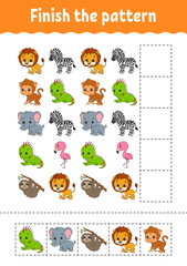 Finish the pattern. Cut and play. Education developing worksheet. Activity page. cartoon character. Vector illustration.