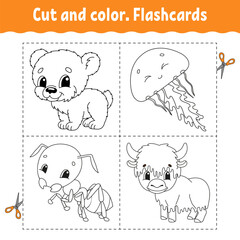 Cut and color. Flashcard Set. Coloring book for kids. Cute cartoon character. Black contour silhouette. Isolated on white background. Vector illustration.