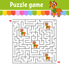 Square maze. Game for kids. Puzzle for children. Labyrinth conundrum. Find the right path. Cartoon character. Vector illustration.