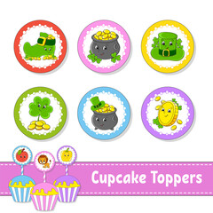 Cupcake Toppers. Set of six round pictures. cartoon characters. Cute image. For birthday, baby shower. Isolated on white background. Vector illustration.