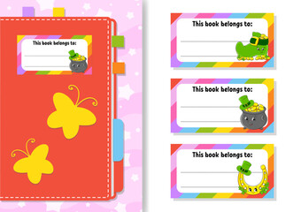 Book label stickers for kids. The rectangular shape. Cartoon character. For the diary, notebook, book. Isolated on white background. Vector illustration.