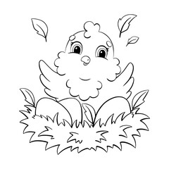 Obraz premium Coloring book page for kids. Cute chicken. Easter theme. Cartoon style character. Vector illustration isolated on white background.