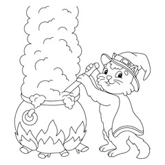 The cat is brewing a potion in a large cauldron. Coloring book page for kids. Cartoon style character. Vector illustration isolated on white background.