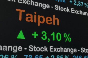Fototapeta na wymiar Taipeh stock exchange moving up. Taipeh, Taiwan, positive stock market data on a trading screen. Green percentage sign and ticker information. Stock exchange and business concept. 3D illustration