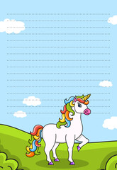 Fototapeta premium Colored sheet template for notes with unicorn. Paper page for journal, notebook, diary, letters, schedule, organizer. Cute cartoon character. Lined sheet. Vector illustration.