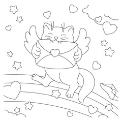 Loving cat with wings. Coloring book page for kids. Valentine's Day. Cartoon style character. Vector illustration isolated on white background.