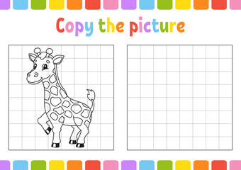 Copy the picture. Giraffe animal. Coloring book pages for kids. Education developing worksheet. Game for children. Handwriting practice. Funny character. Cute coon vector illustration.