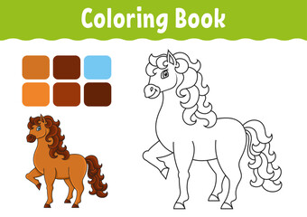 Coloring book for kids. Cute horse. Farm animal. Cheerful character. Vector illustration. Cute coon style. Fantasy page for children. Black contour silhouette. Isolated on white background.