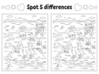 Find five differences. Coloring page for kids. Activity worksheet for children. Vector illustration isolated on white background.
