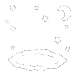 Scene with cloud and stars. Coloring book page for kids. Cartoon style. Vector illustration isolated on white background.
