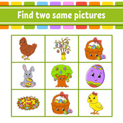 Find two same pictures. Task for kids. Education developing worksheet. Activity page. Color game for children. Easter theme. Funny character. Isolated vector illustration. cartoon style.