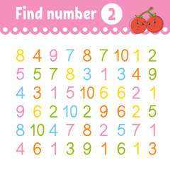 Find number. Education developing worksheet. Activity page with pictures. Game for children. Funny character. cartoon style. Vector illustration.