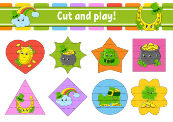 Cut and play. Logic puzzle for kids. Education developing worksheet. Learning game. Activity page. Cutting practice for preschool. Vector illustration.