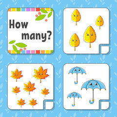 Fototapeta premium Counting game for children. Happy characters. Learning mathematics. How many object in the picture. Education worksheet. With space for answers. Vector illustration.