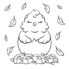Coloring book page for kids. Cute sleeping chicken. Easter theme. Cartoon style character. Vector illustration isolated on white background.