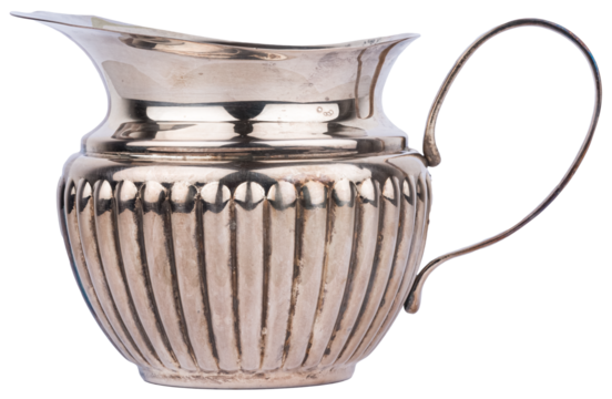 Antique art deco sterling silver pot with handle kitchenware or silverware, isolated on white or transparent background
