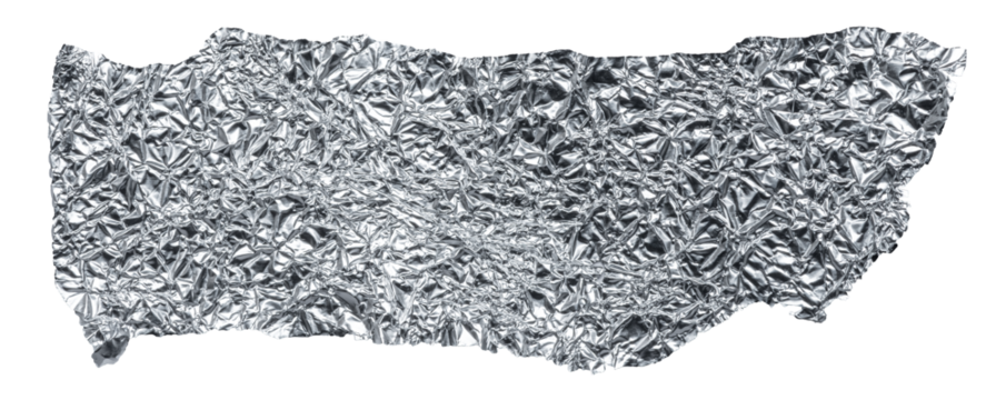 Single piece of crumpled bright shiny metallic aluminium foil, isolated on white or transparent background, flat lay view from above
