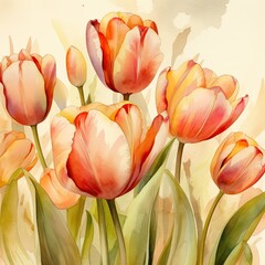 Beautiful Watercolor Drawing of Tulips on Cream Background - generative AI