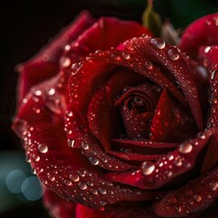 Macro Shot of Red Rose Blossom with Water Drops - generative AI