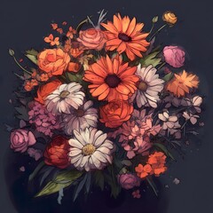 Colorful Flower Bunch Drawing on Dark Blue Background - generative AI - generative AI