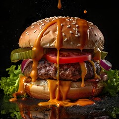 Close-up Food Photography of a Juicy Cheeseburger with Ham, Tomatoes, Pickles, and Salad on a Black Background - generative AI