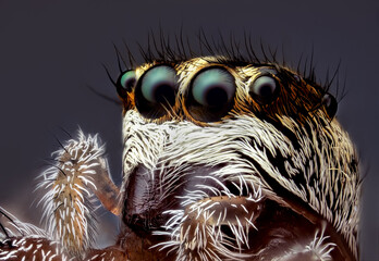 Detail of the head of a jumping spider. Salticidae very close up.