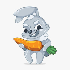 Vector character aggressive dangerous hare with a big carrot in his hands in cartoon style.