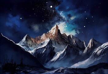 Fototapeta na wymiar Watercolor illustration, snowy mountains in the blue sky at night. Generative AI