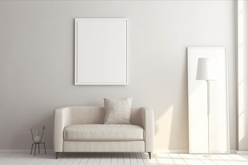 Empty white vertical frame in modern minimalist interior with trendy lamp and sofa on beige wall background, design interior idea - Generative AI